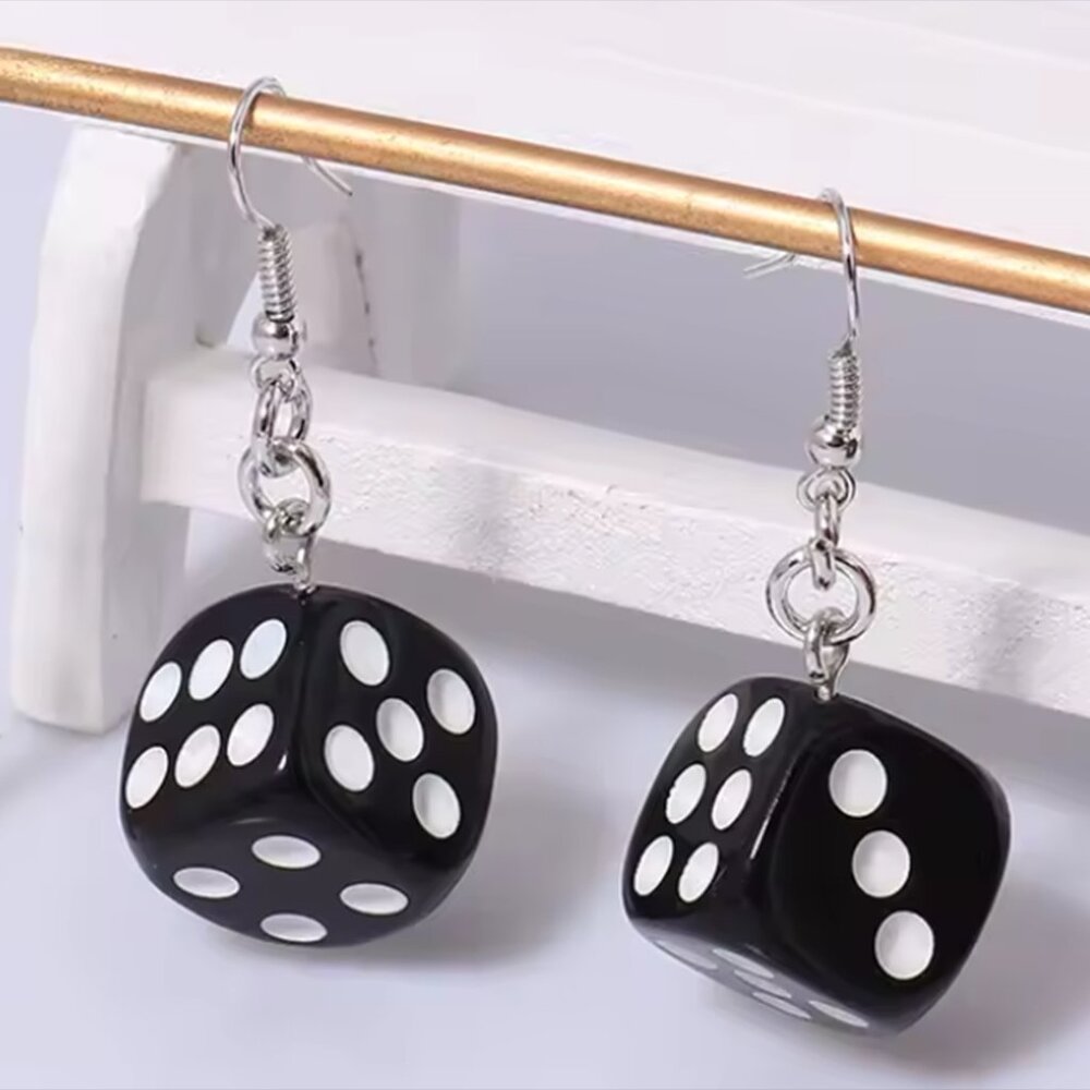 Black Dice Dangle Earrings White Spots Silver Hooks